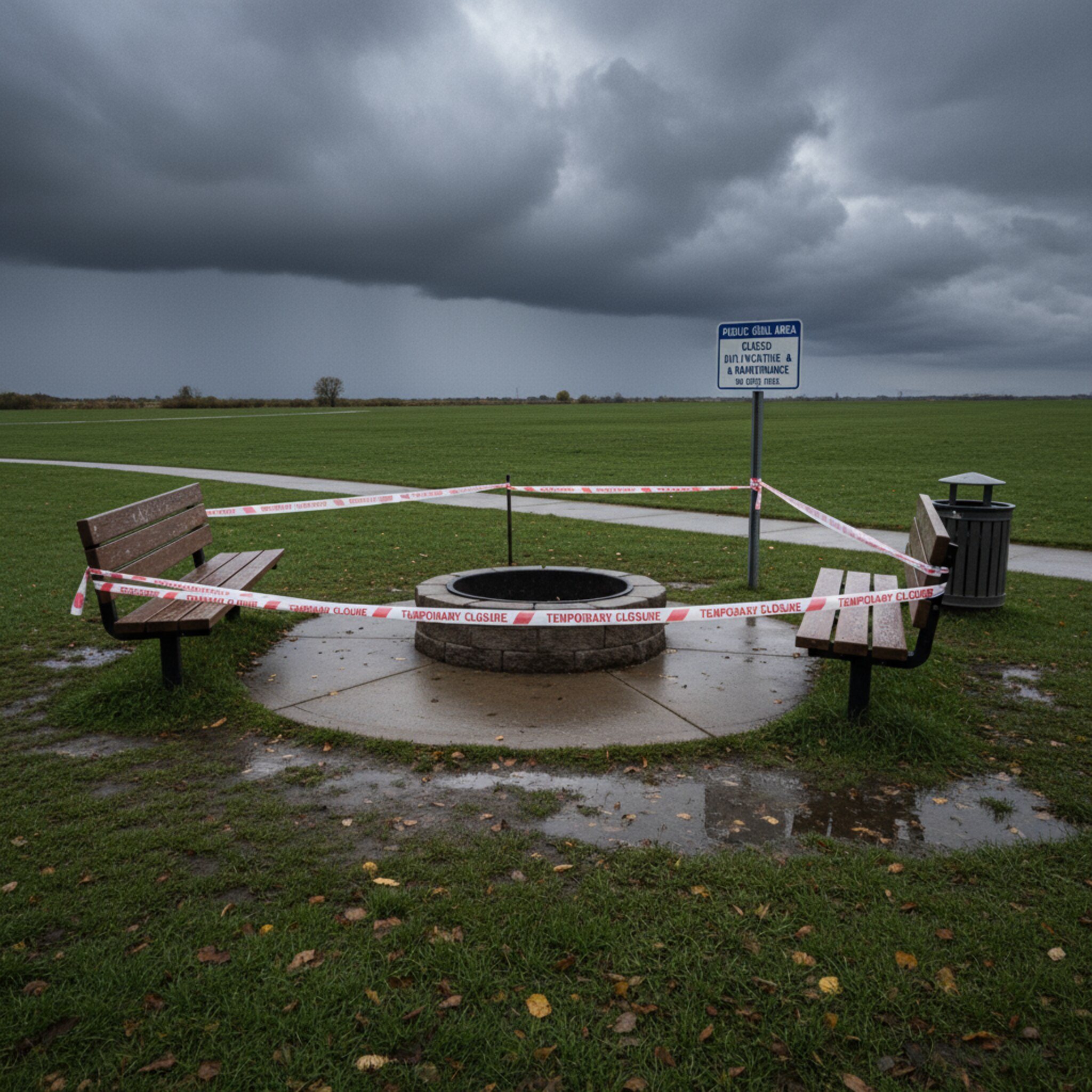 Dunkle Wolken ziehen über eine Feuerstelle, die mit einem dezenten Absperrband markiert ist. Ein offizielles Hinweisschild am Rand erklärt die temporäre Nichtnutzung. Die Bänke sind leer, die Wiese ist feucht. Die Szene wirkt sachlich und verantwortungsbewusst.