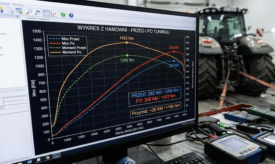 Pomiar mocy i momentu obrotowego ciągnika na hamowni przed i po chip tuningu. Wykresy diagnostyczne pokazują wzrost osiągów i efektywność modyfikacji ECU, podkreślając zalety przeprowadzenia tuningu w zimowym okresie przestoju maszyn rolniczych.