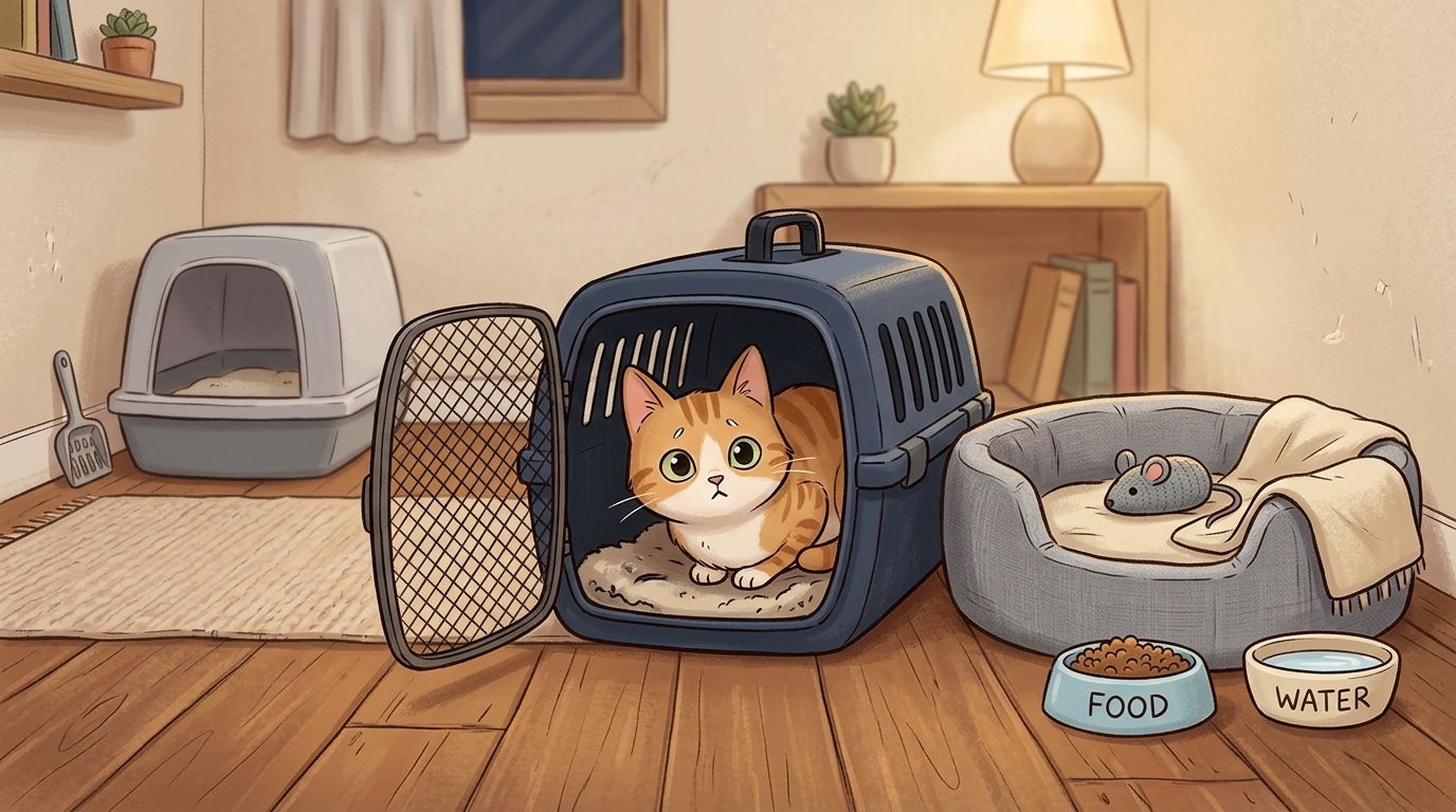 A cute orange tabby cat sitting inside a plastic pet carrier in a cozy home environment.