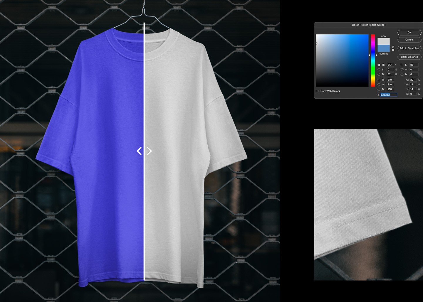 Rue Porter t-shirt mockup demonstrating easy color customization using the Photoshop color picker tool