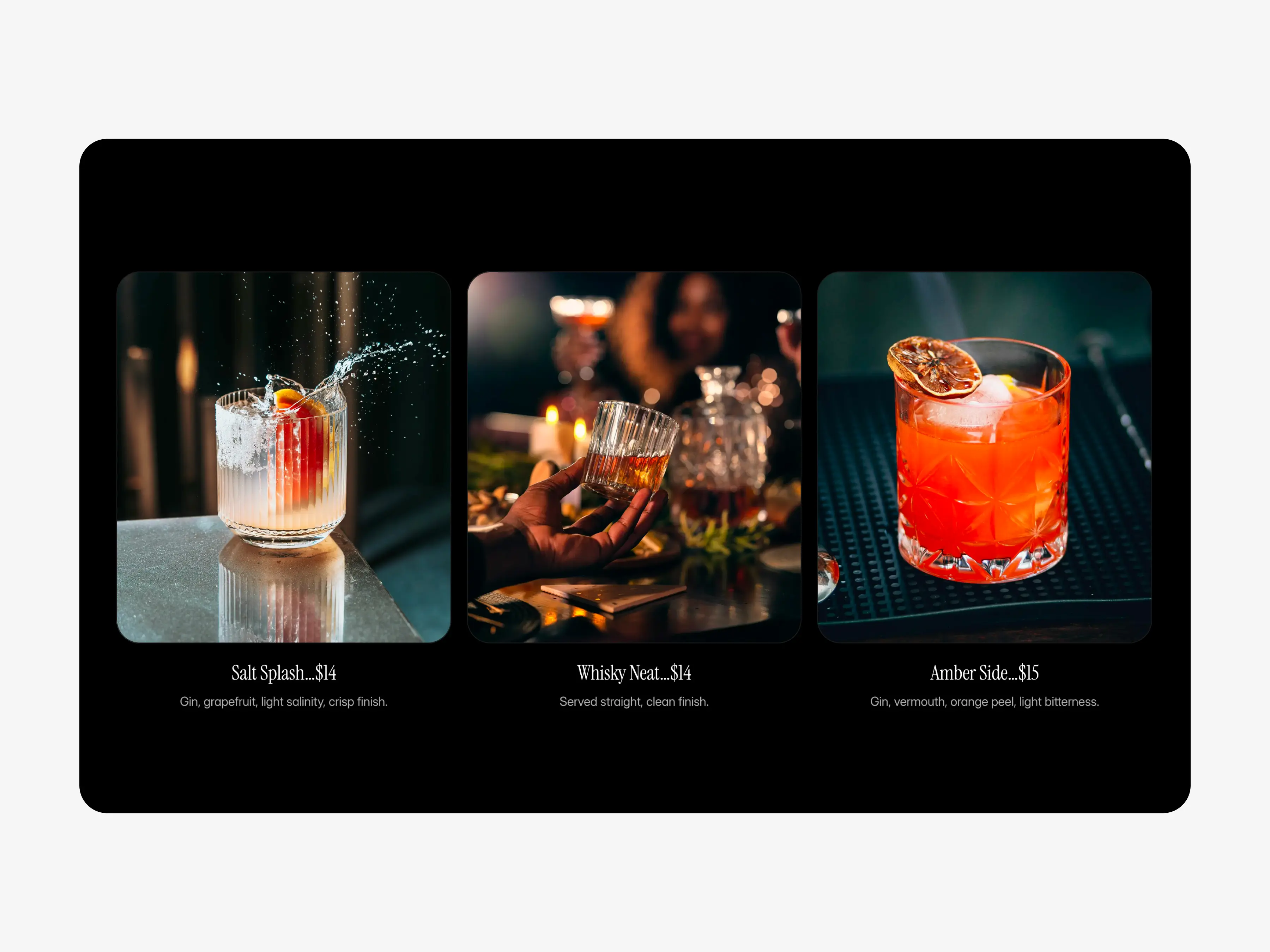 Bar and restaurant website template menu section showcasing signature cocktails with a clean, modern layout.