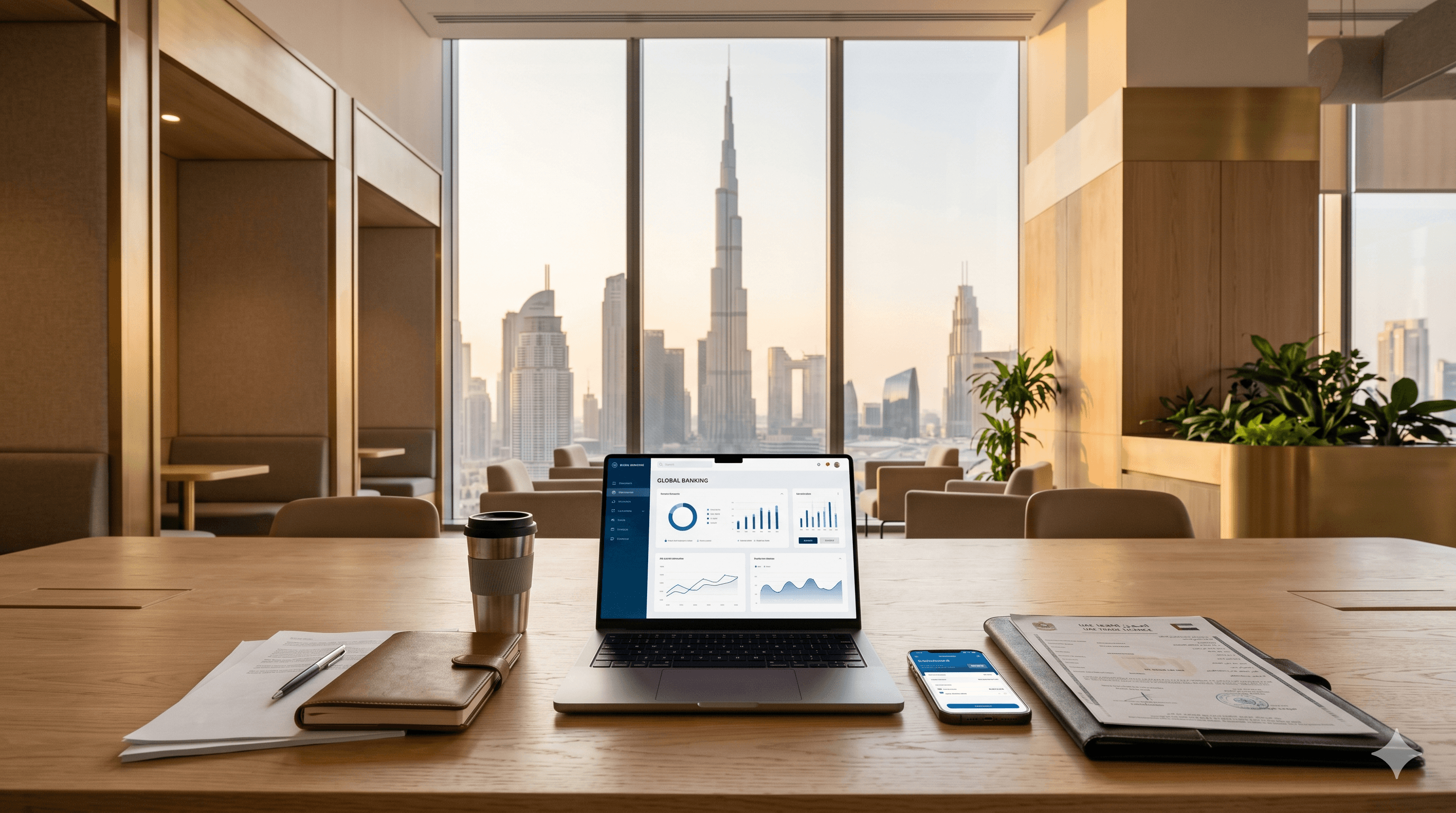 Open a business bank account in Dubai 2026 — laptop, UAE trade licence and coffee on a desk at Oh My Desk Downtown with Burj Khalifa view