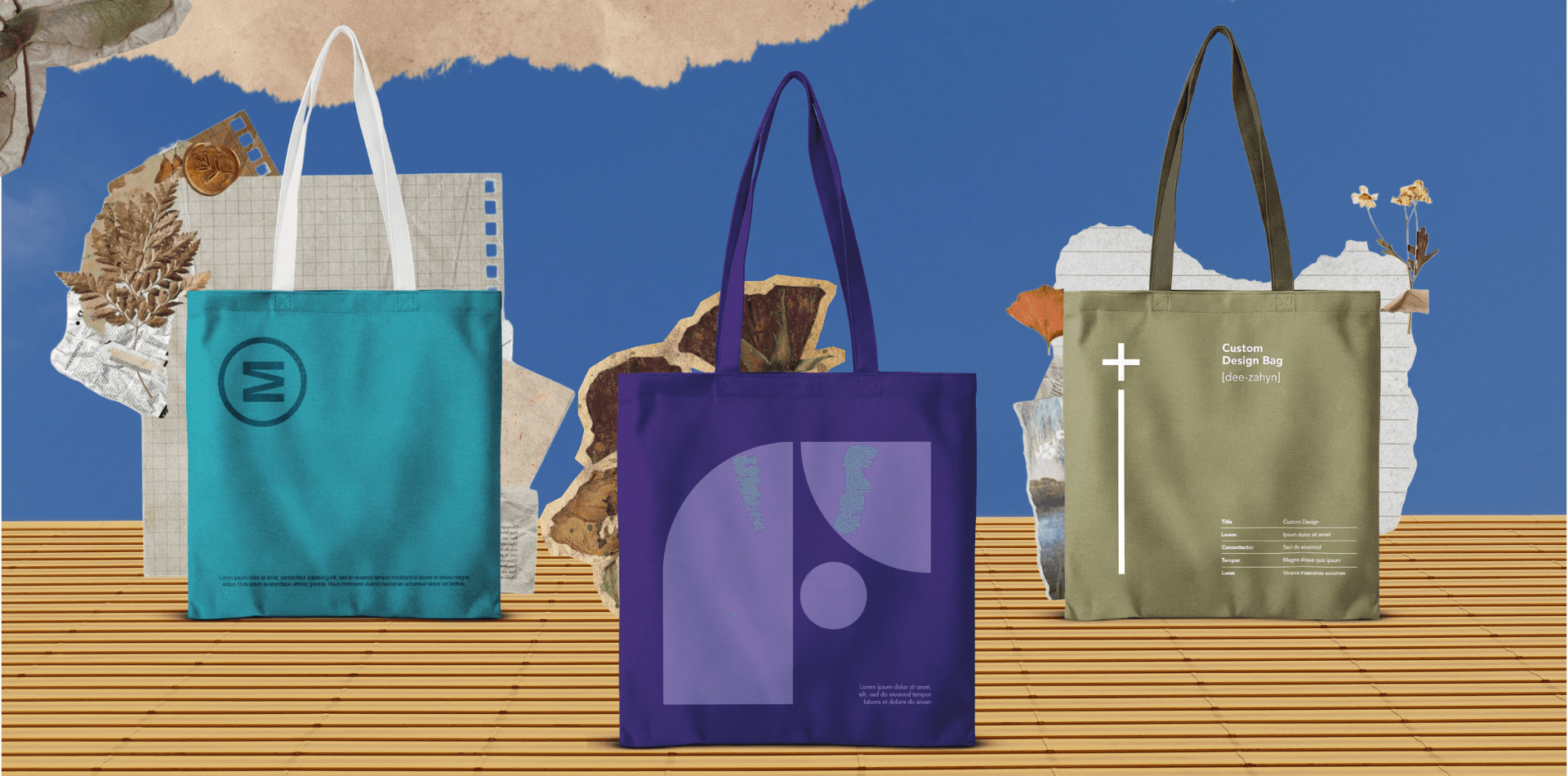 Custom branded tote bags in teal, purple, and olive green with printed logo designs displayed against a creative collage background.
