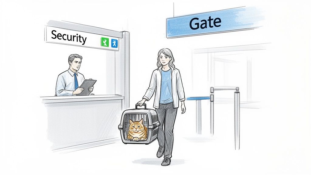 A woman carries her cat in a pet carrier through airport security towards the gate area.