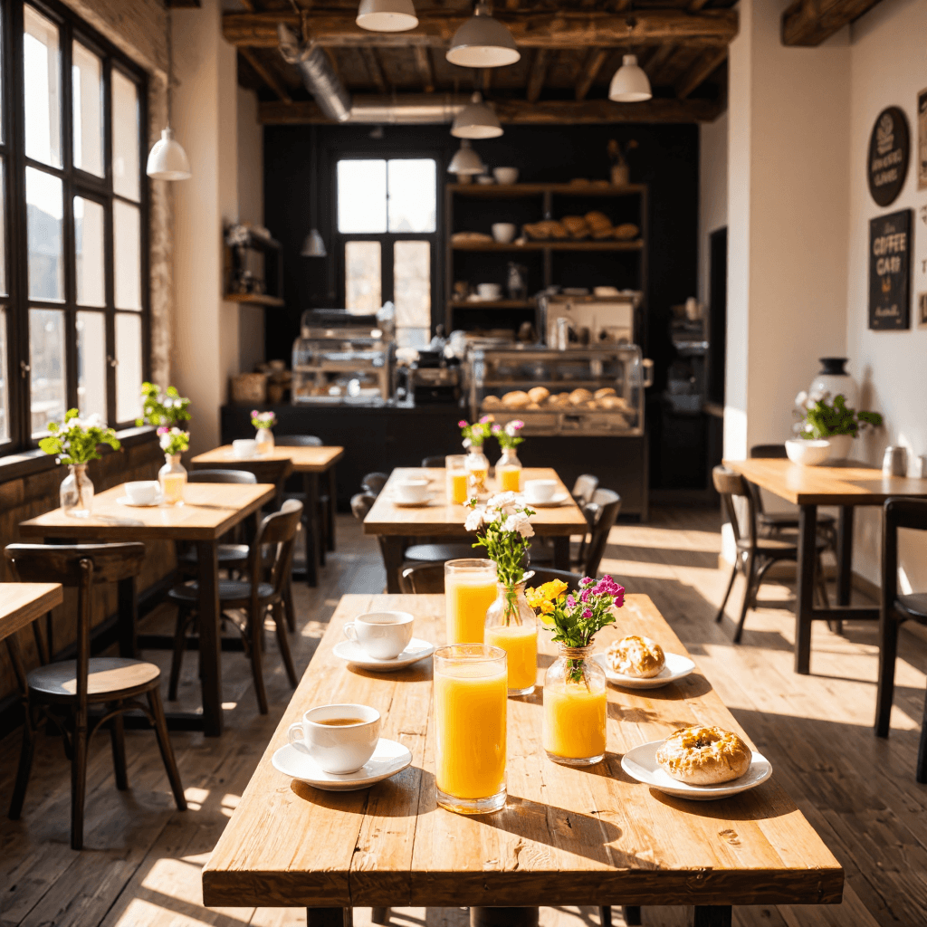 product photography of a table of coffee, juice, pastries, and bread