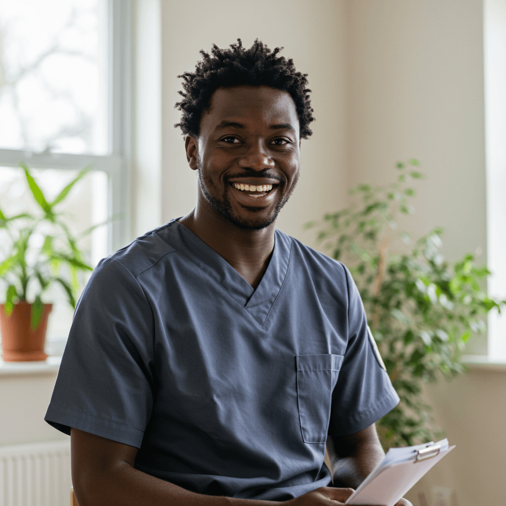 Friendly male African caregiver wearing grey scrubs, seated with a clipboard, smiling in a well-lit room with indoor plants.