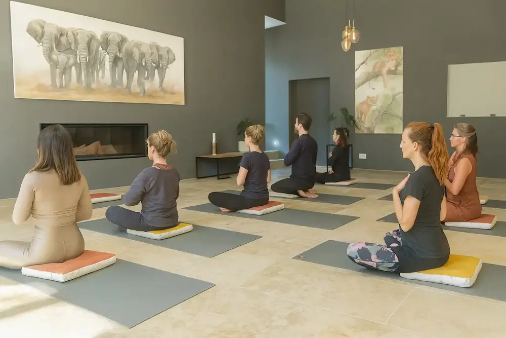 Student practicing meditation with bio-feedback sensor during an online yoga teacher training session.
