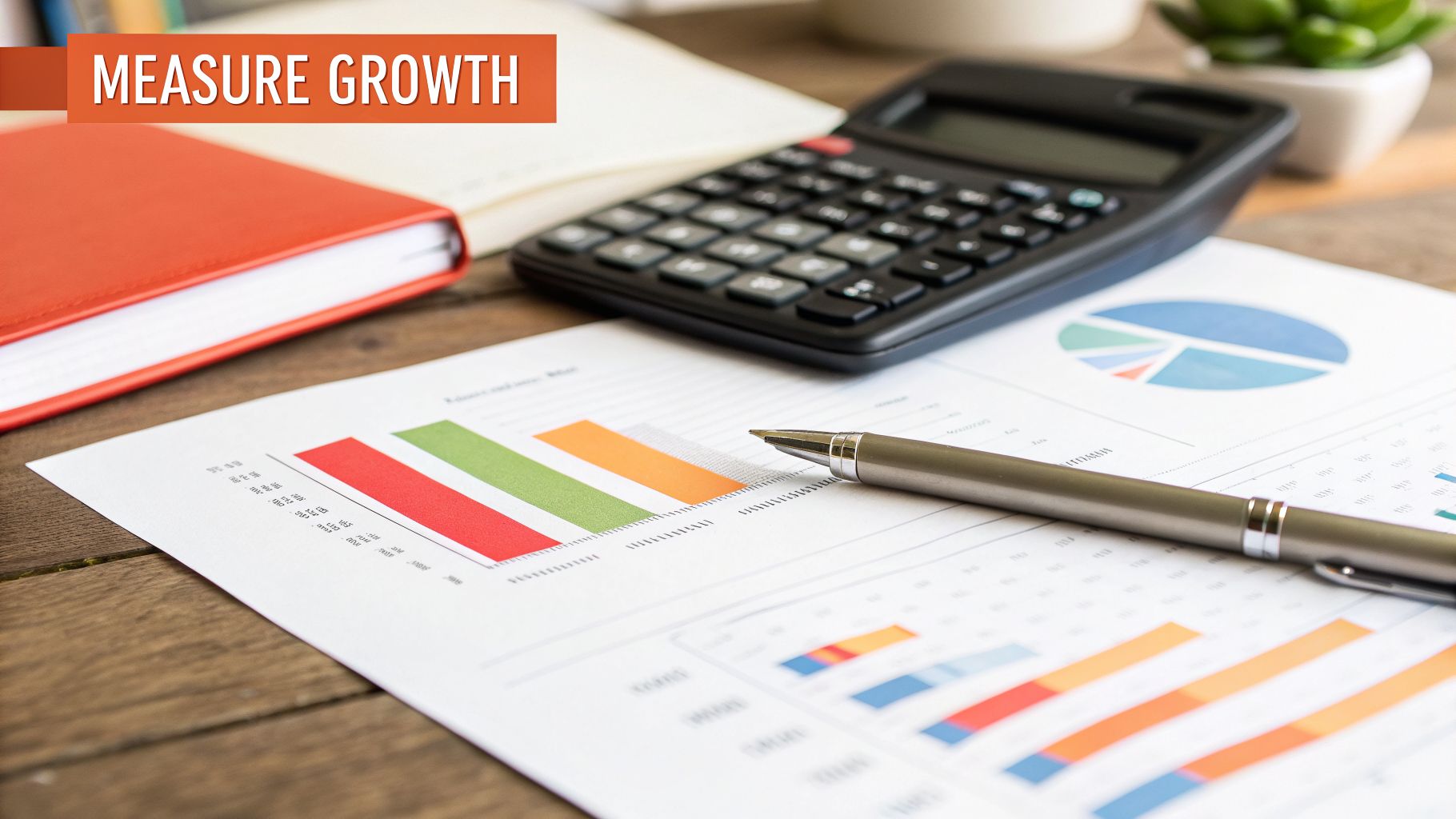 Financial charts, a calculator, and a pen on a desk, with a 'MEASURE GROWTH' banner.