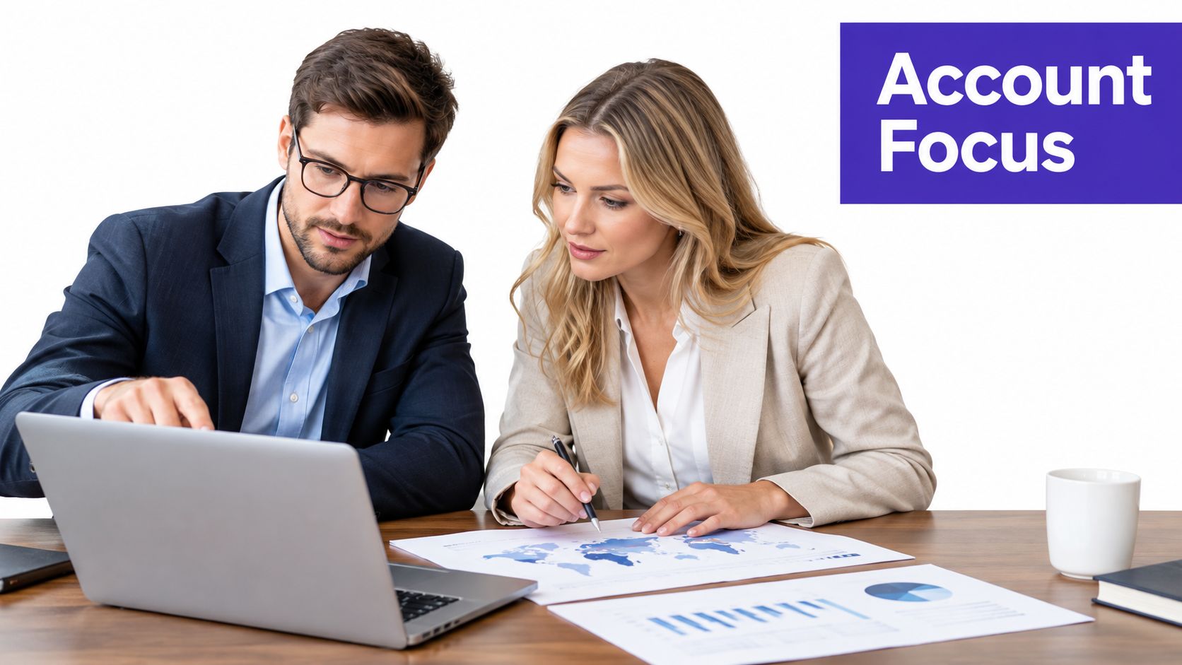 A professional man and woman in business attire looking at a laptop and documents on a desk.