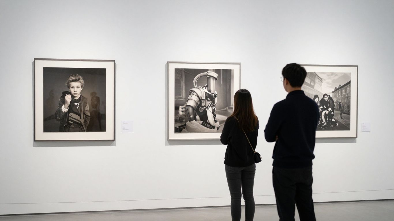 A visitor navigating a gallery exhibition
