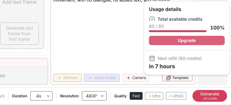APOB Nano usage details showing 80 daily credits beside a 40-credit video test