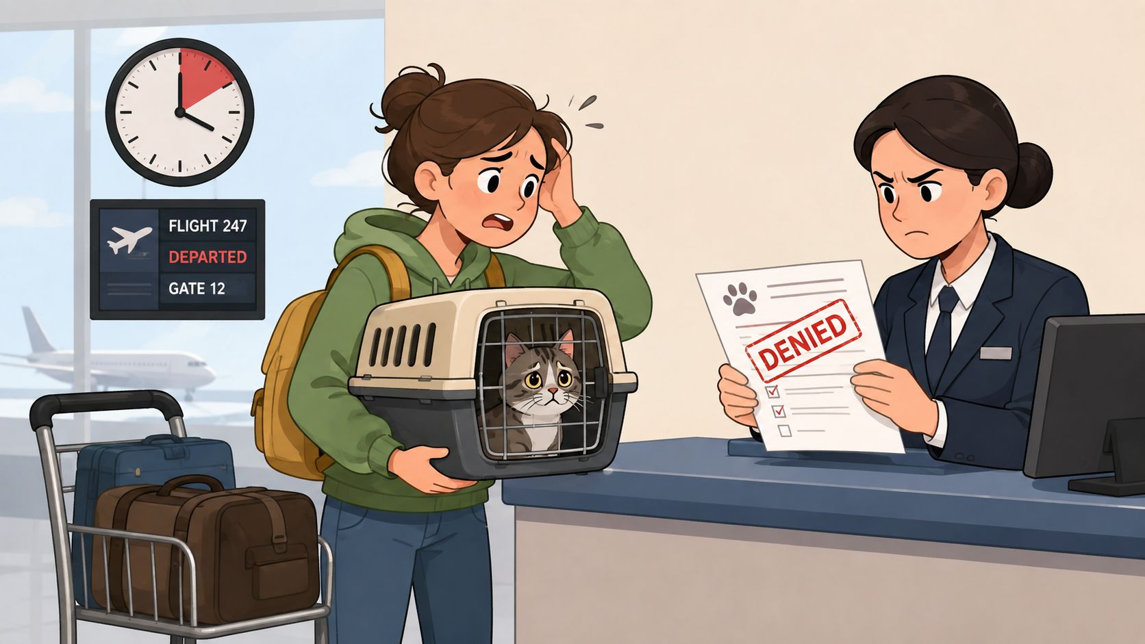 A worried woman holding a cat in a carrier at an airport desk while being denied boarding.