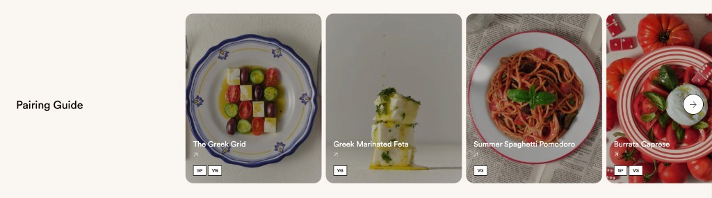 Brightland pairing guide carousel with recipe cards