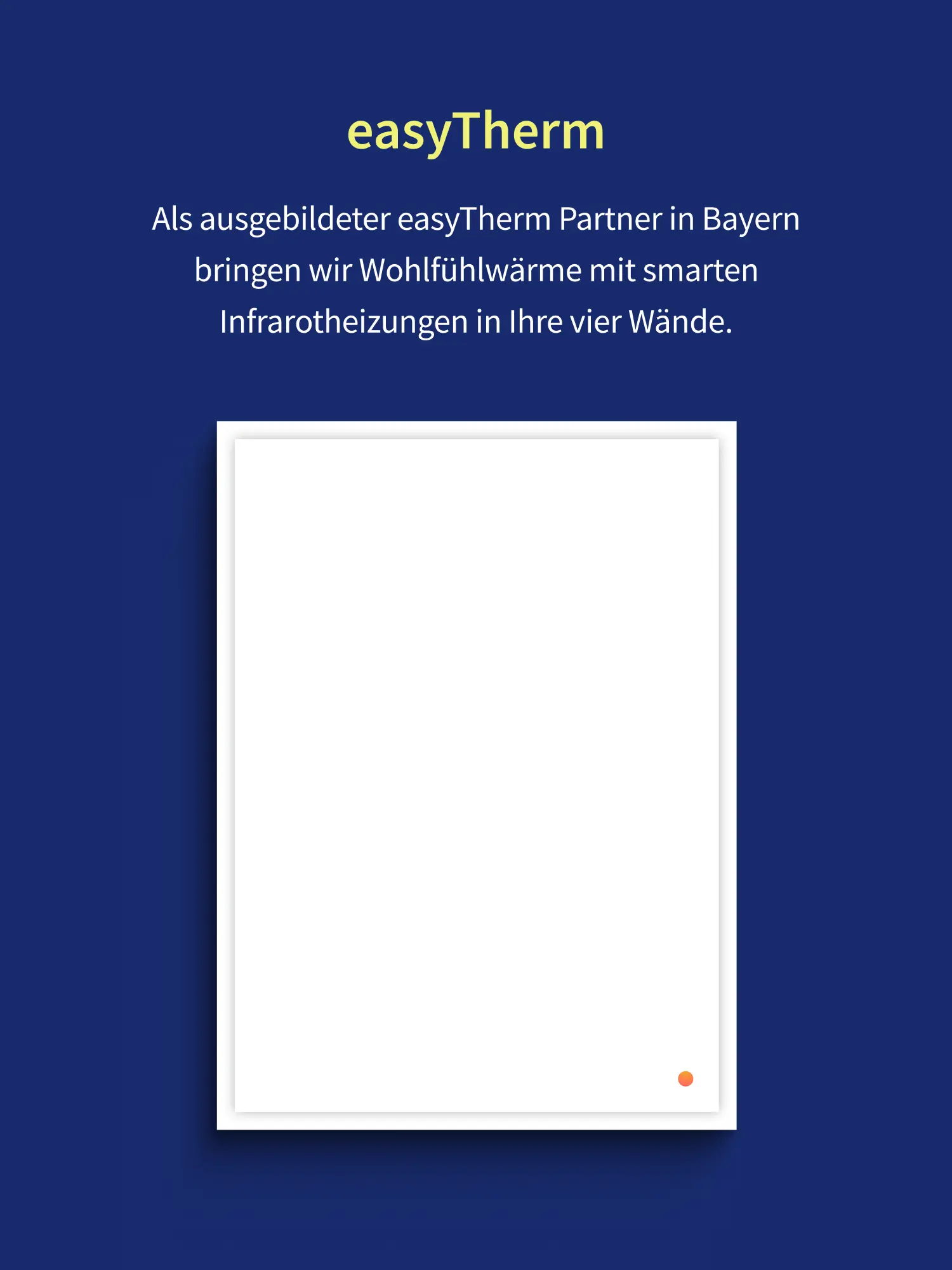 Werbegrafik zu easyTherm mit Headline über Infrarotheizungen als Partner in Bayern auf dunkelblauem Hintergrund.