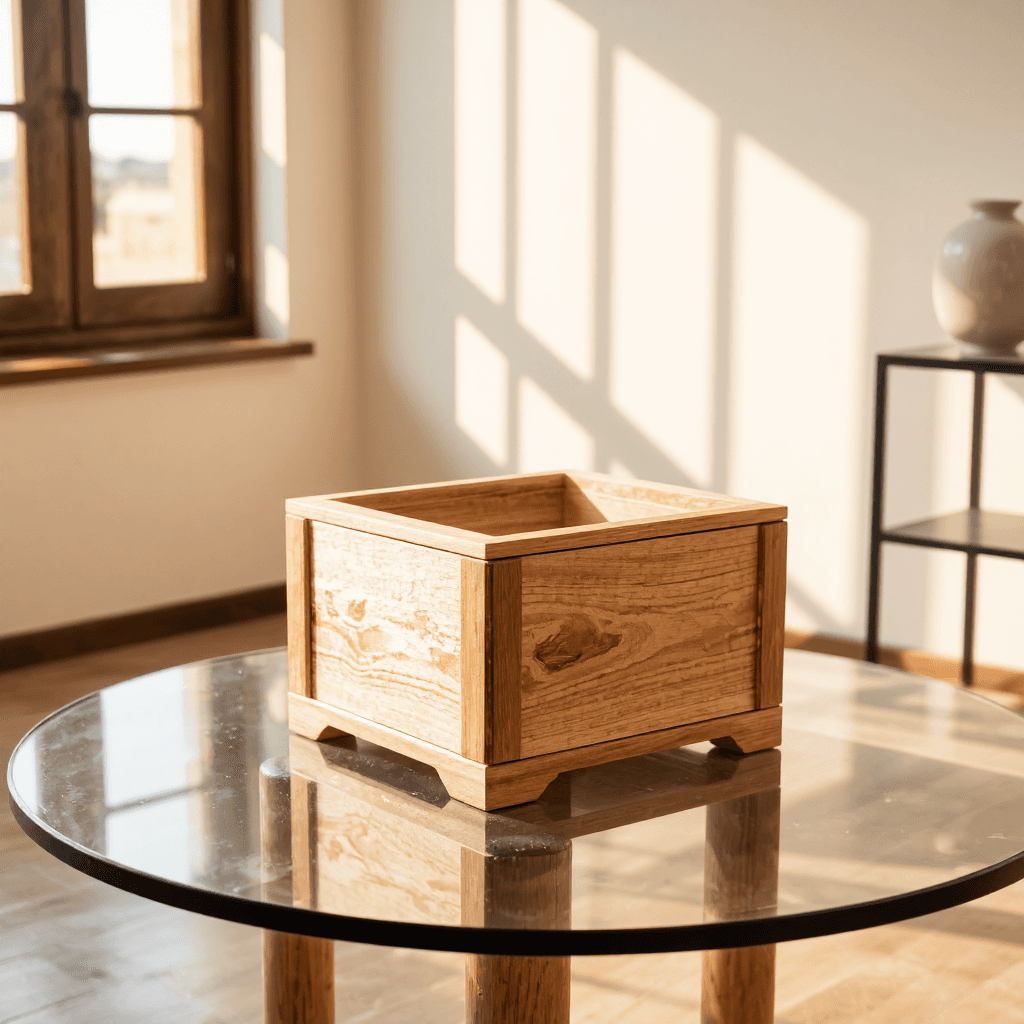 product photography of a small wooden box with a removable lid, used for storage or decoration