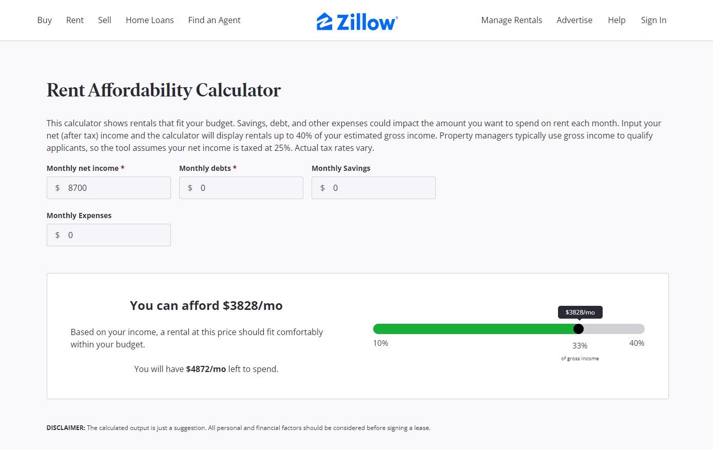 Zillow rent affordability calculator acts as a lead magnet on their landing page