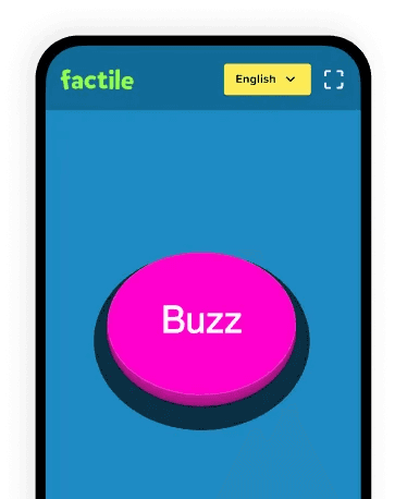 Factile mobile buzzer interface with player avatar and live score display during a Jeopardy-style game.