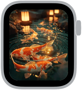 Live Apple Watch face showing luminous koi swimming in a lantern-lit pond, an animated Live Photo design
