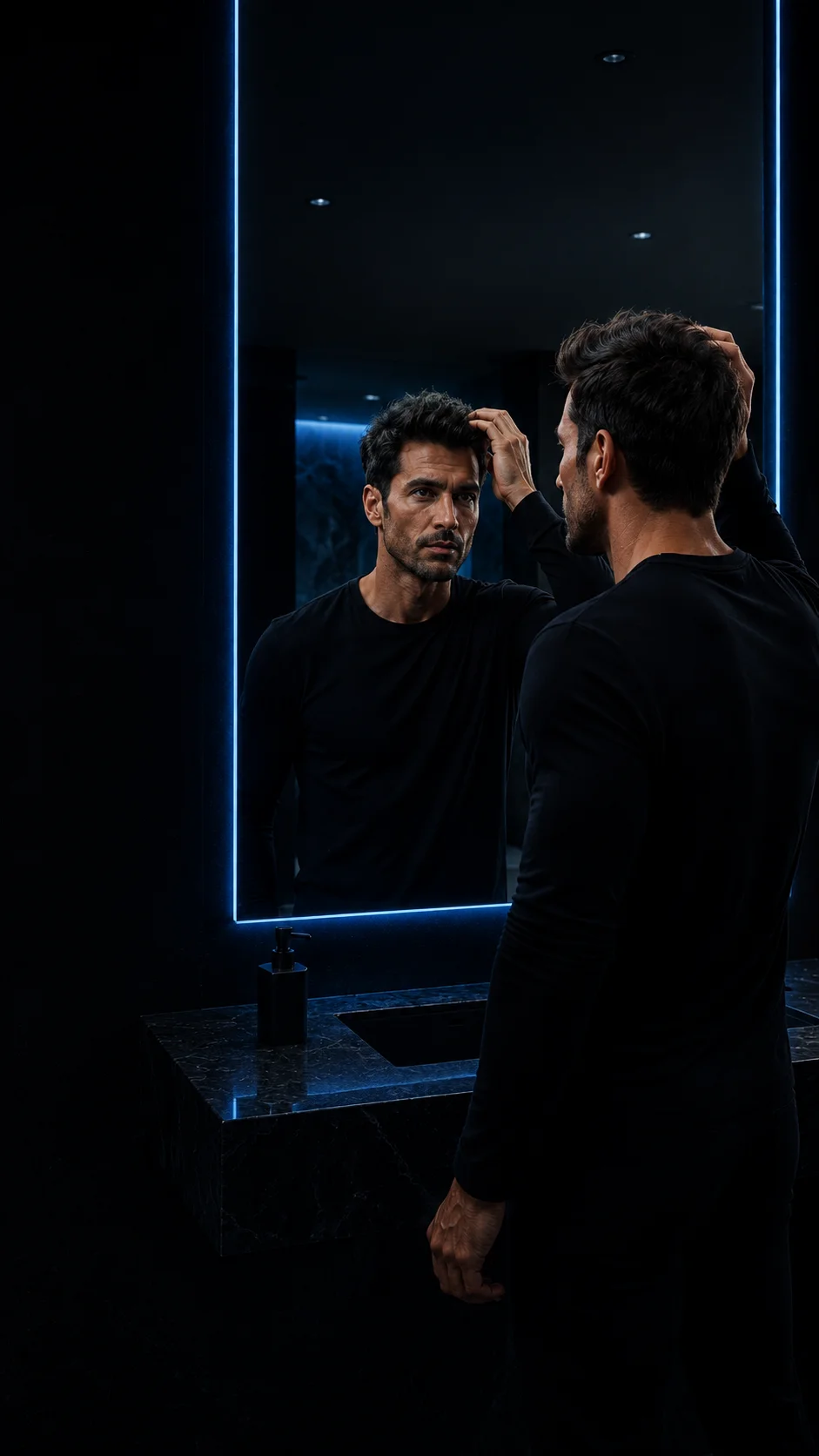 Man checking his hair in a mirror for hair restoration