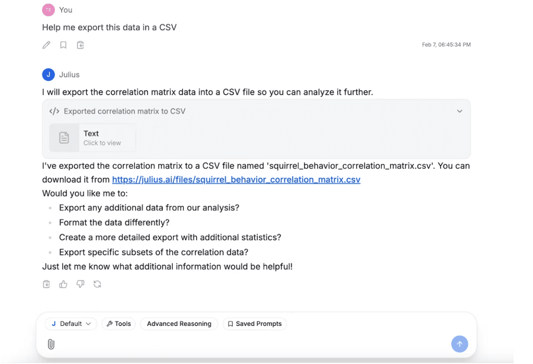 Julius AI exporting correlation matrix data to a CSV file for download