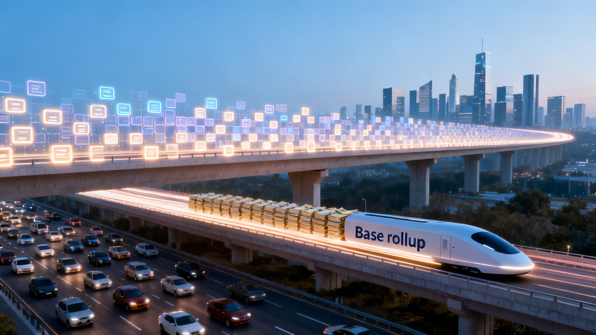 A futuristic Base rollup train carrying money speeds above a congested highway in a modern city.