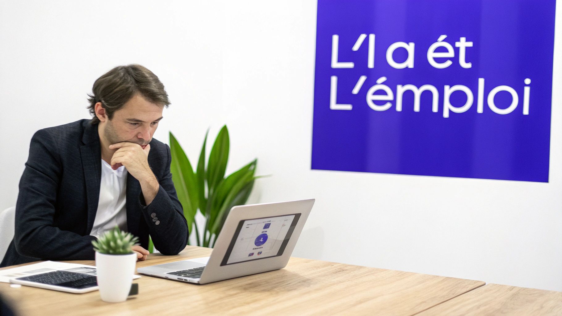 Un homme pensif travaillant sur un ordinateur portable dans un bureau moderne avec un panneau 