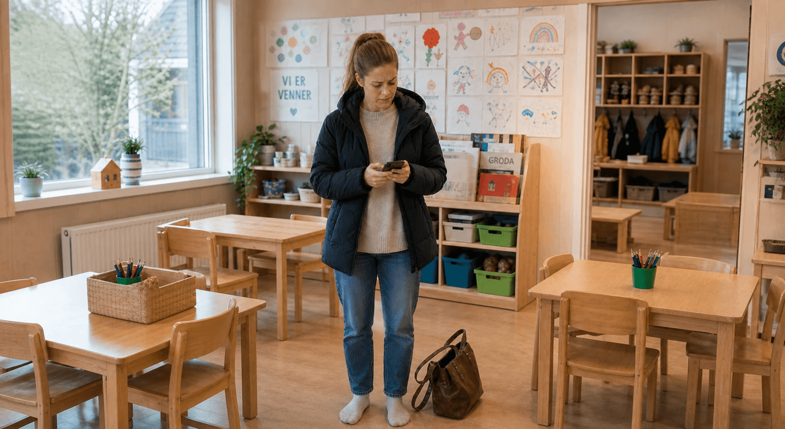 En barnehageansatt som må bruke tid på telefonen på grunn av bemanningsutfordringer og stress i barnehagen.