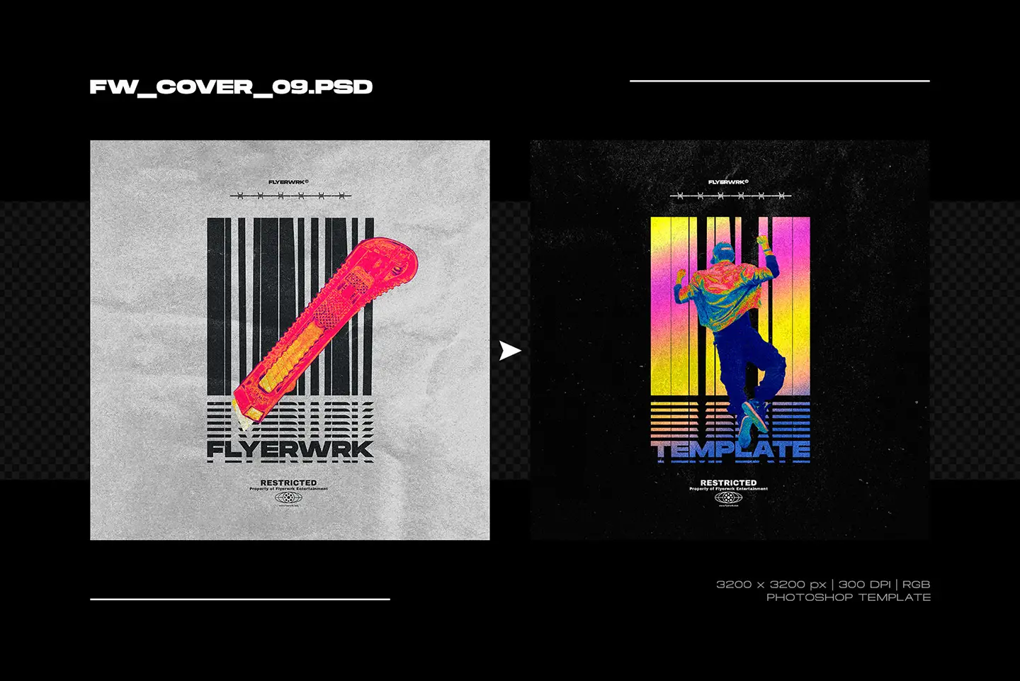 Artistic album cover layout featuring a bright utility knife graphic over a barcode background