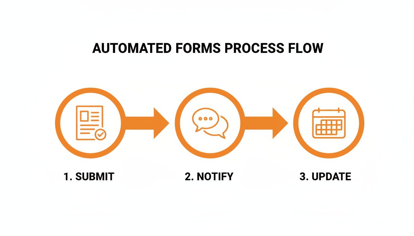 An automated forms process flow illustrating three steps: submit, notify, and update, with corresponding icons.