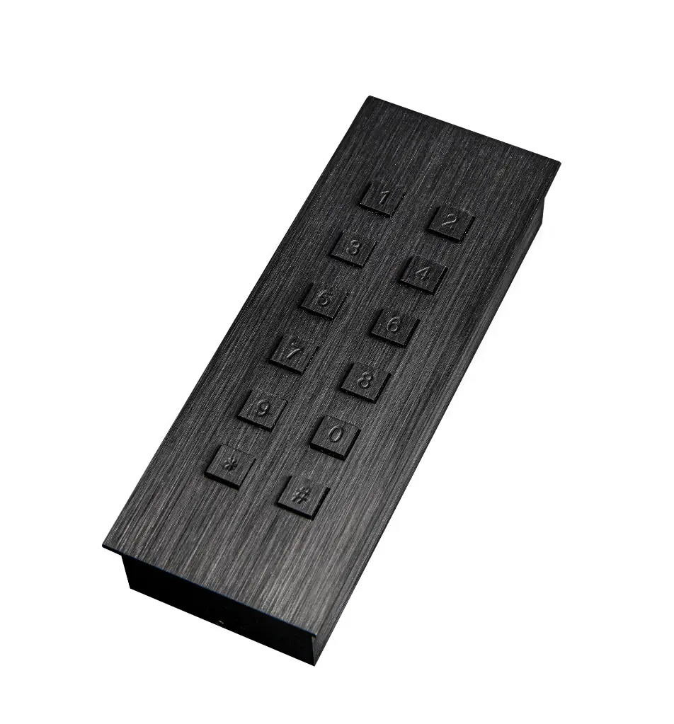 Black smart home device with screen showing time and temp