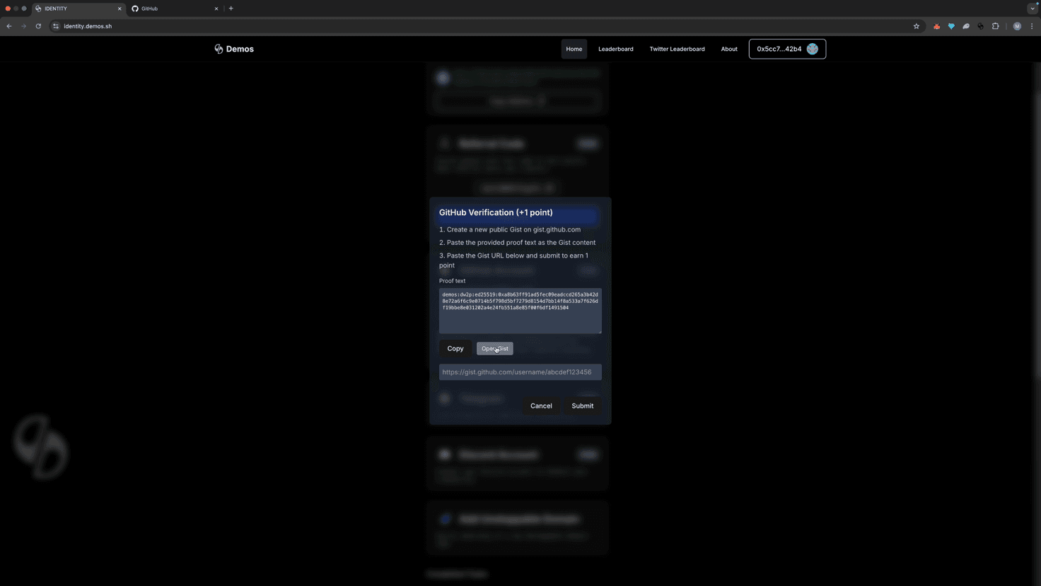 Verification message and Open Gist button