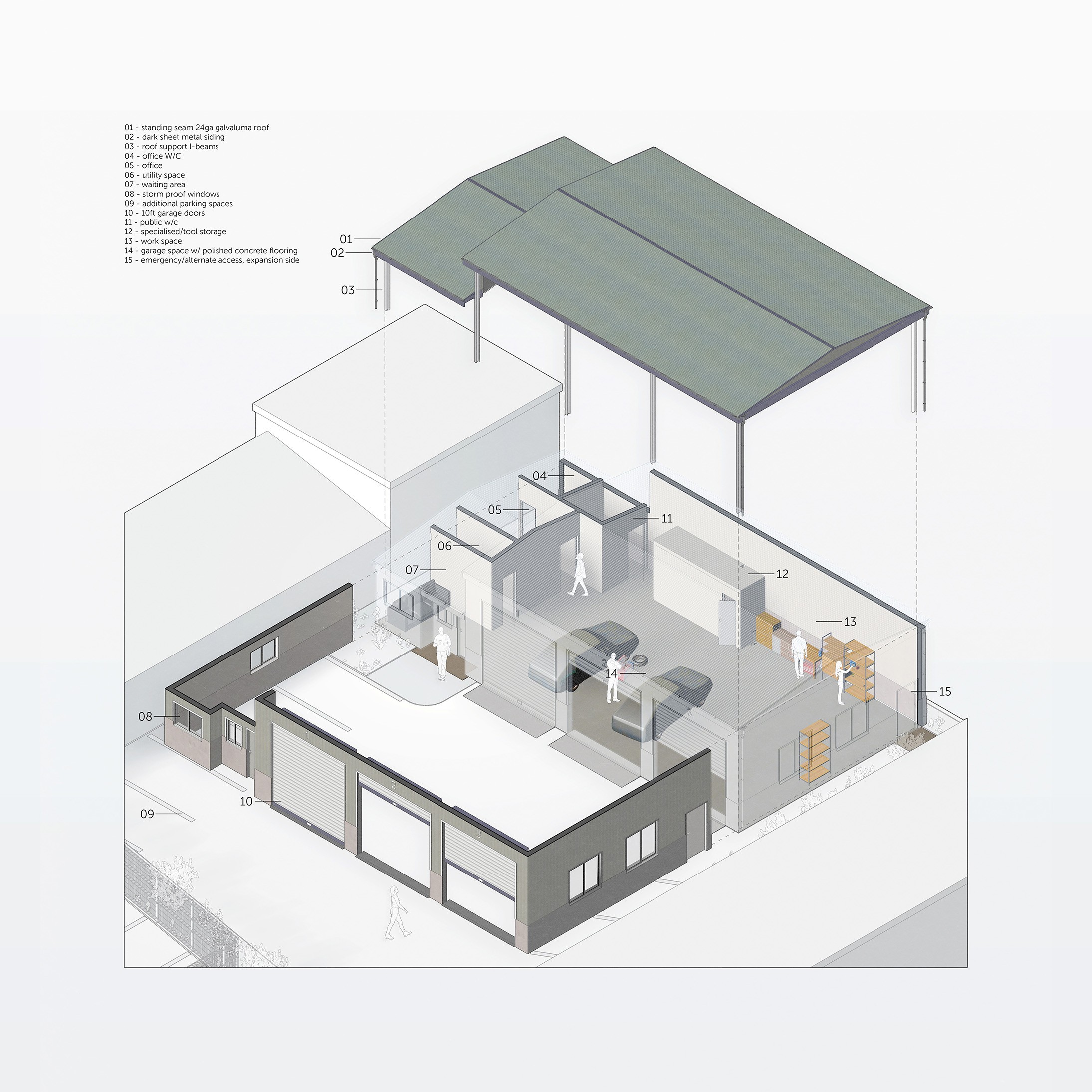 Technical exploded isometric perspective of materials and spaces.