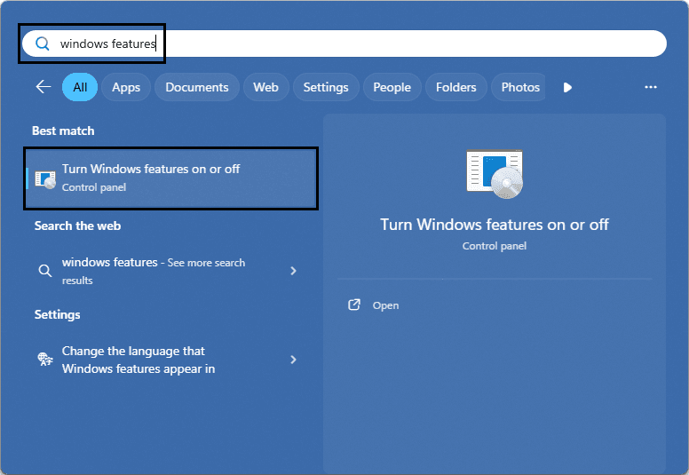 Access Windows features via start menu.