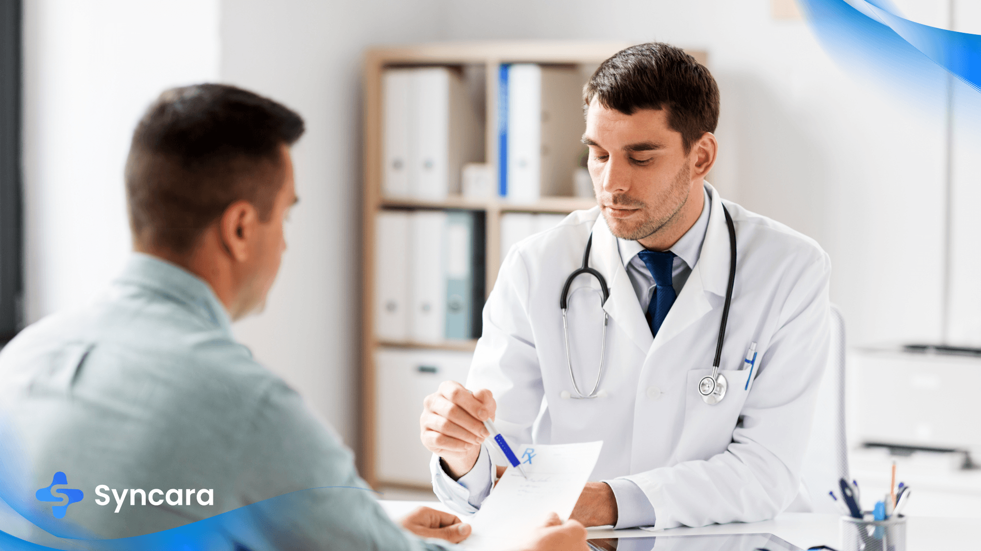Doctor attending to a patient at a walk-in clinic in Ajax, Ontario.