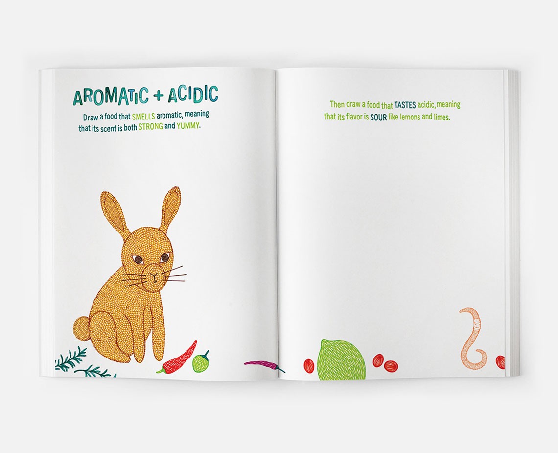 An open book displays a cartoon rabbit sitting on the left page. The right page contains text that reads: “Then draw a food that TASTES acidic, meaning that its flavor is SOUR like lemons and limes.” Below the text are illustrations of chili peppers, lime, and lemons.