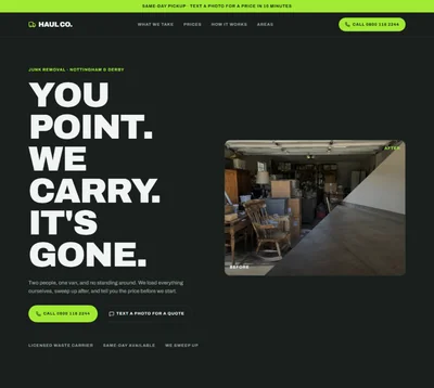 Junk removal website built with AI showing a lime and charcoal hero and a cluttered garage photograph