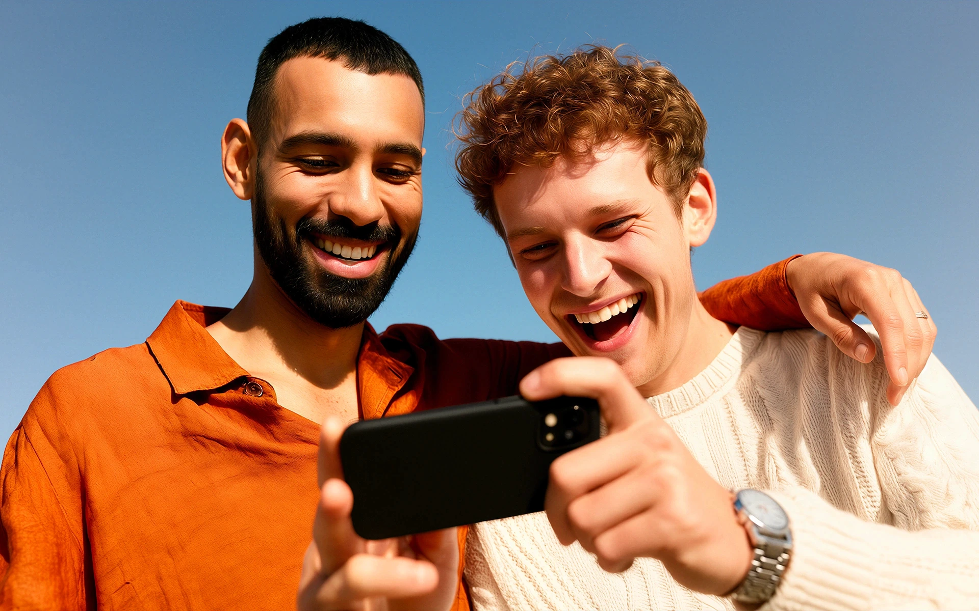 Two friends outdoors, smiling and enjoying a moment together while using their colorful smartphones under a clear blue sky.