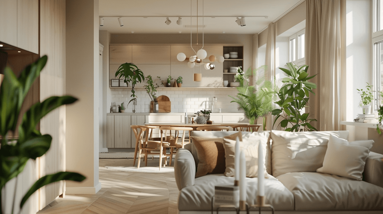 A cozy living room with beige walls, a Scandinavian-style sofa, a wooden coffee table, and minimalistic decor, featuring natural light from large windows.