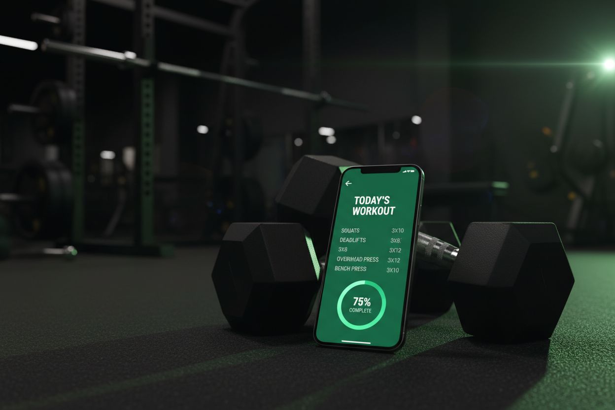 A smartphone showing a workout log app beside dumbbells