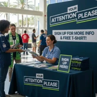 A woman sitting at a desk for the Your Attention Please breast health campaign smiling and handing a flyer to a visitor.