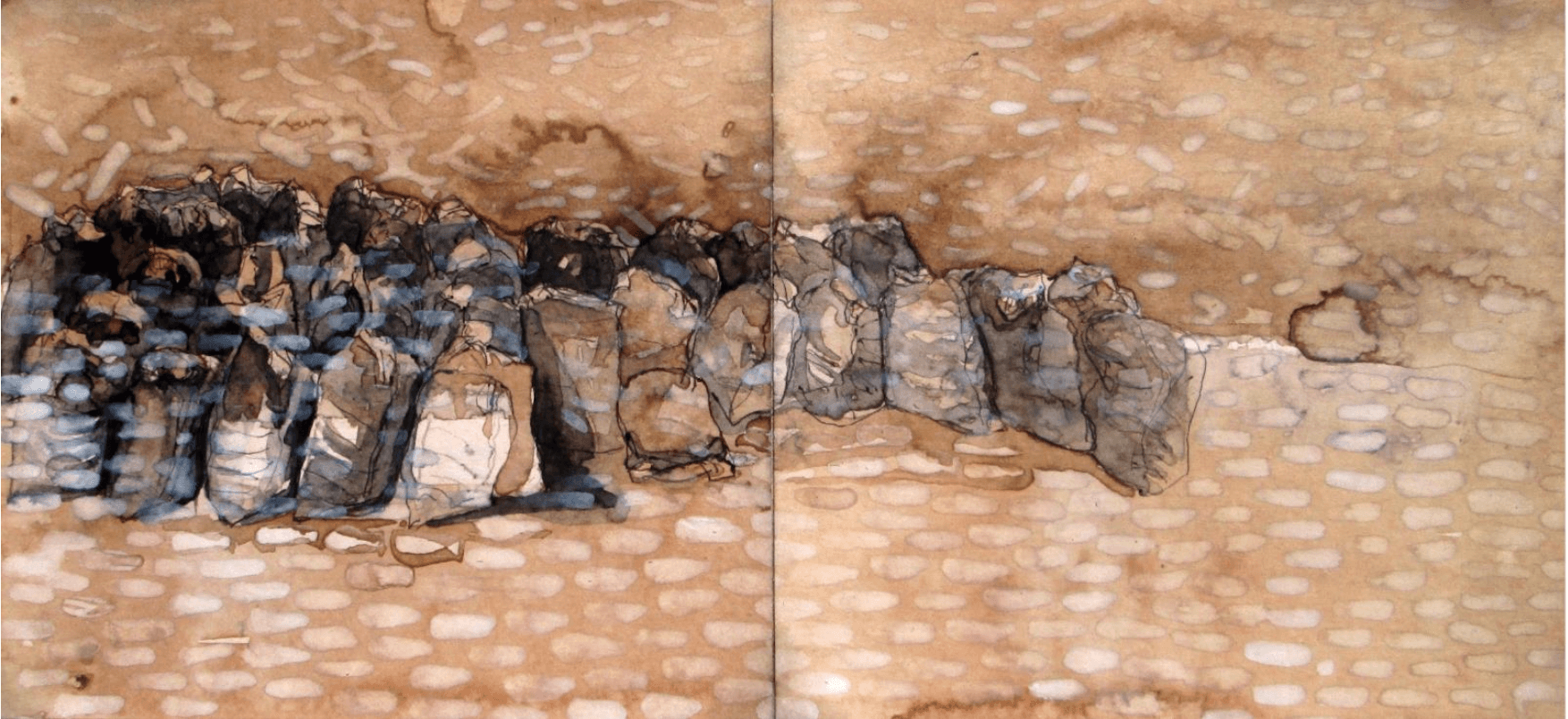 herd of sheep on road painting