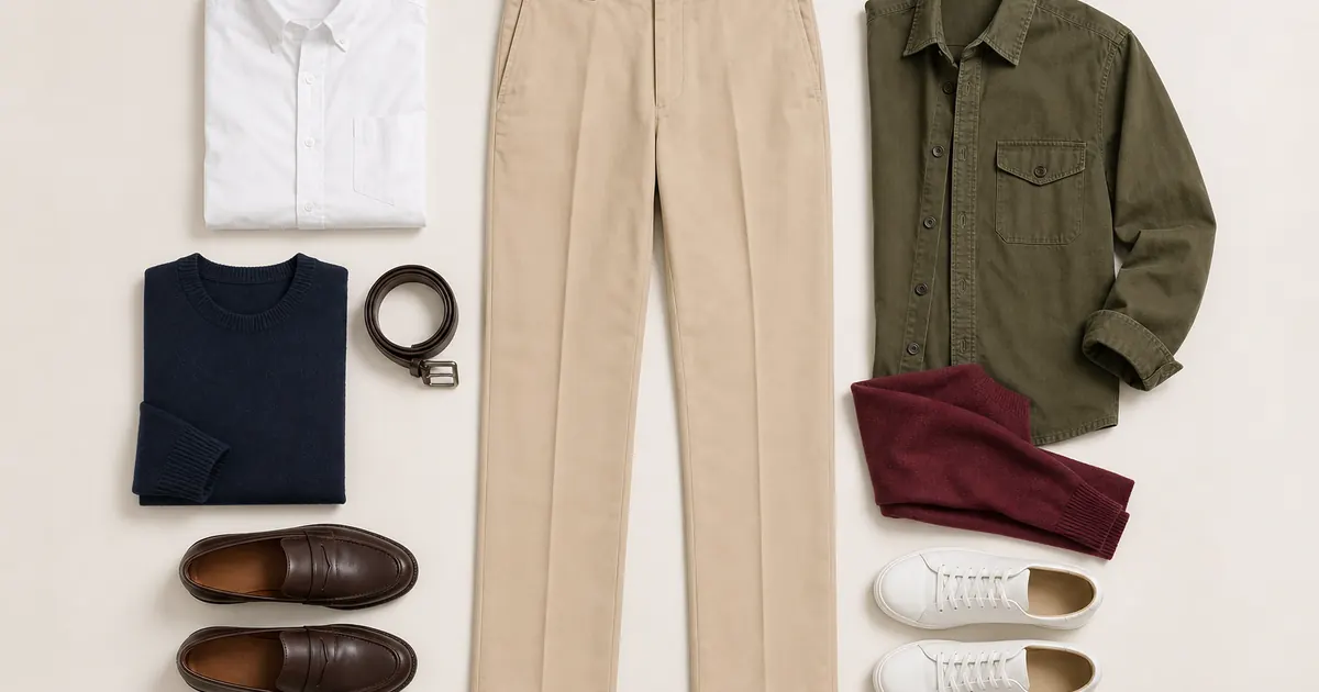 Beige trousers styled with white, navy, olive, brown, and burgundy tops