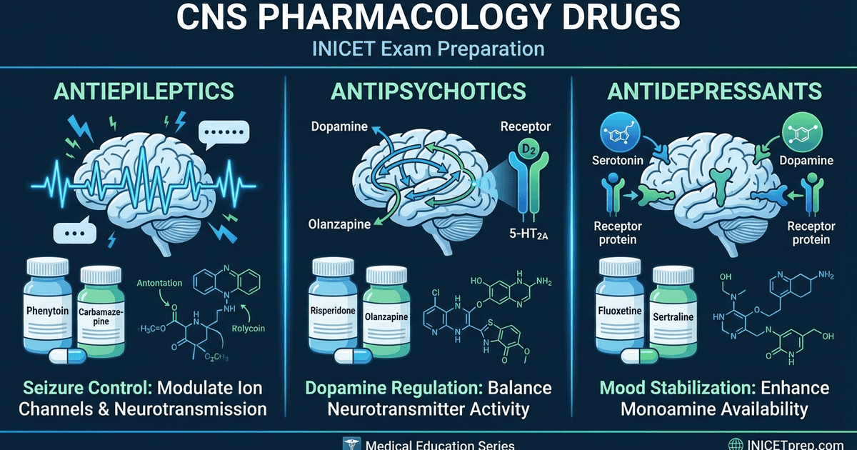 Cover: INICET CNS Pharmacology Glossary 2026: Antiepileptics, Antipsychotics & Antidepressants High-Yield Drug List