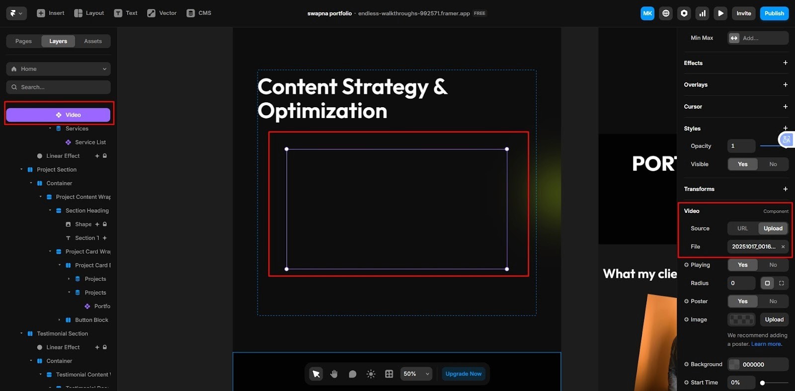 upload a video file or paste a direct url in framer