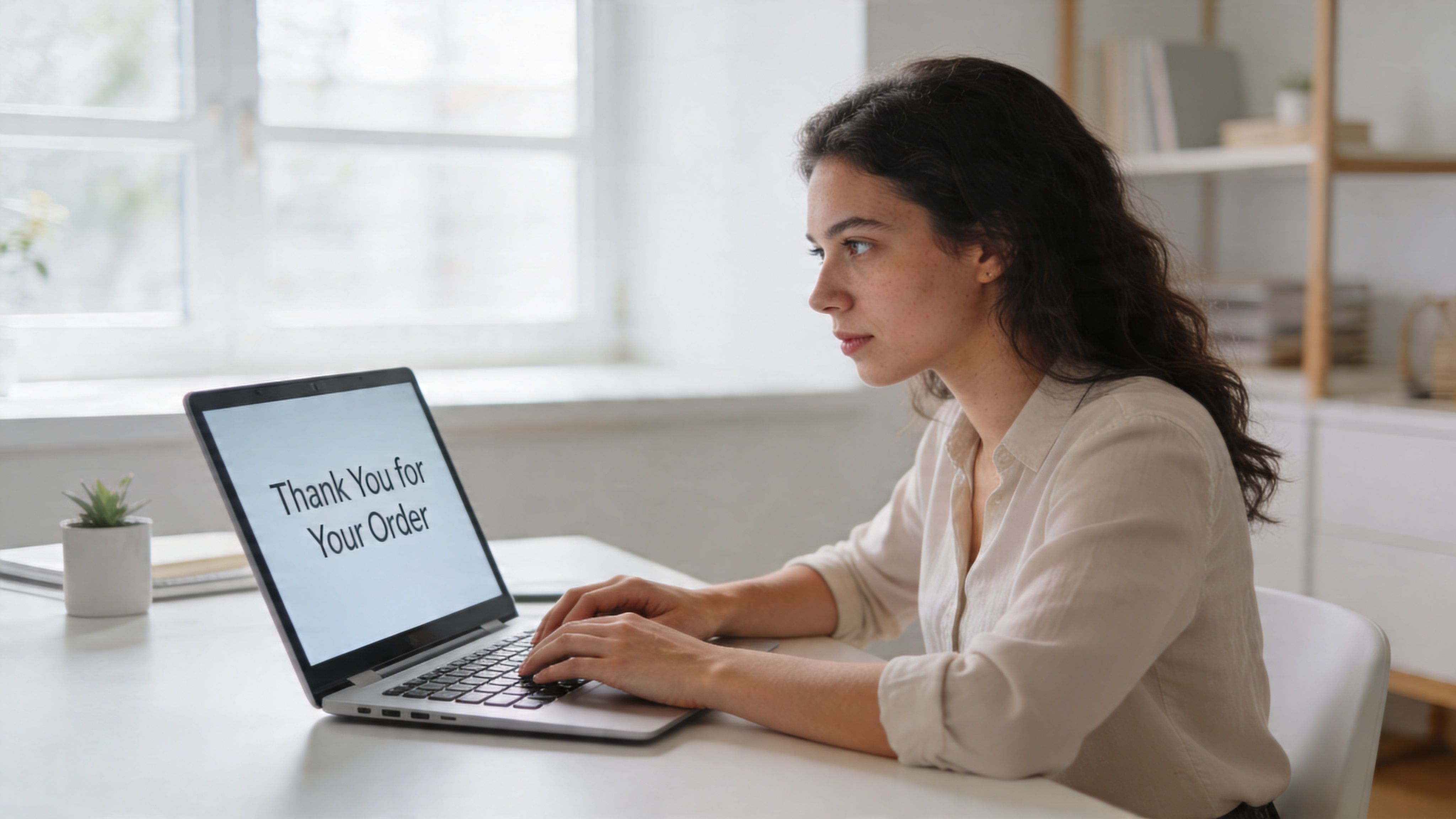 A young woman sitting at a desk and typing on a laptop displaying a Thank You message