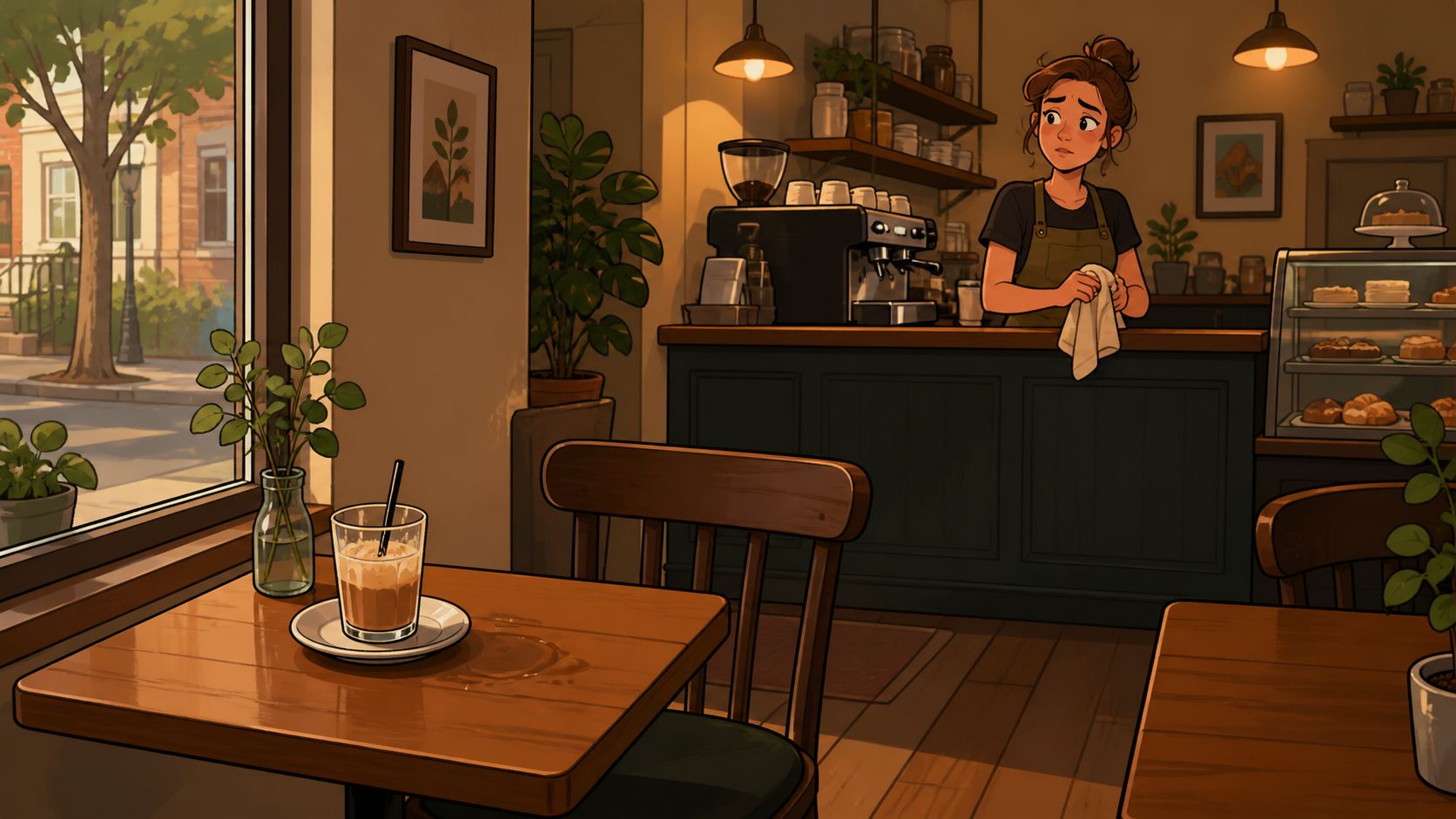 Una barista preocupada trabajando detrás del mostrador en una acogedora cafetería durante una tarde soleada