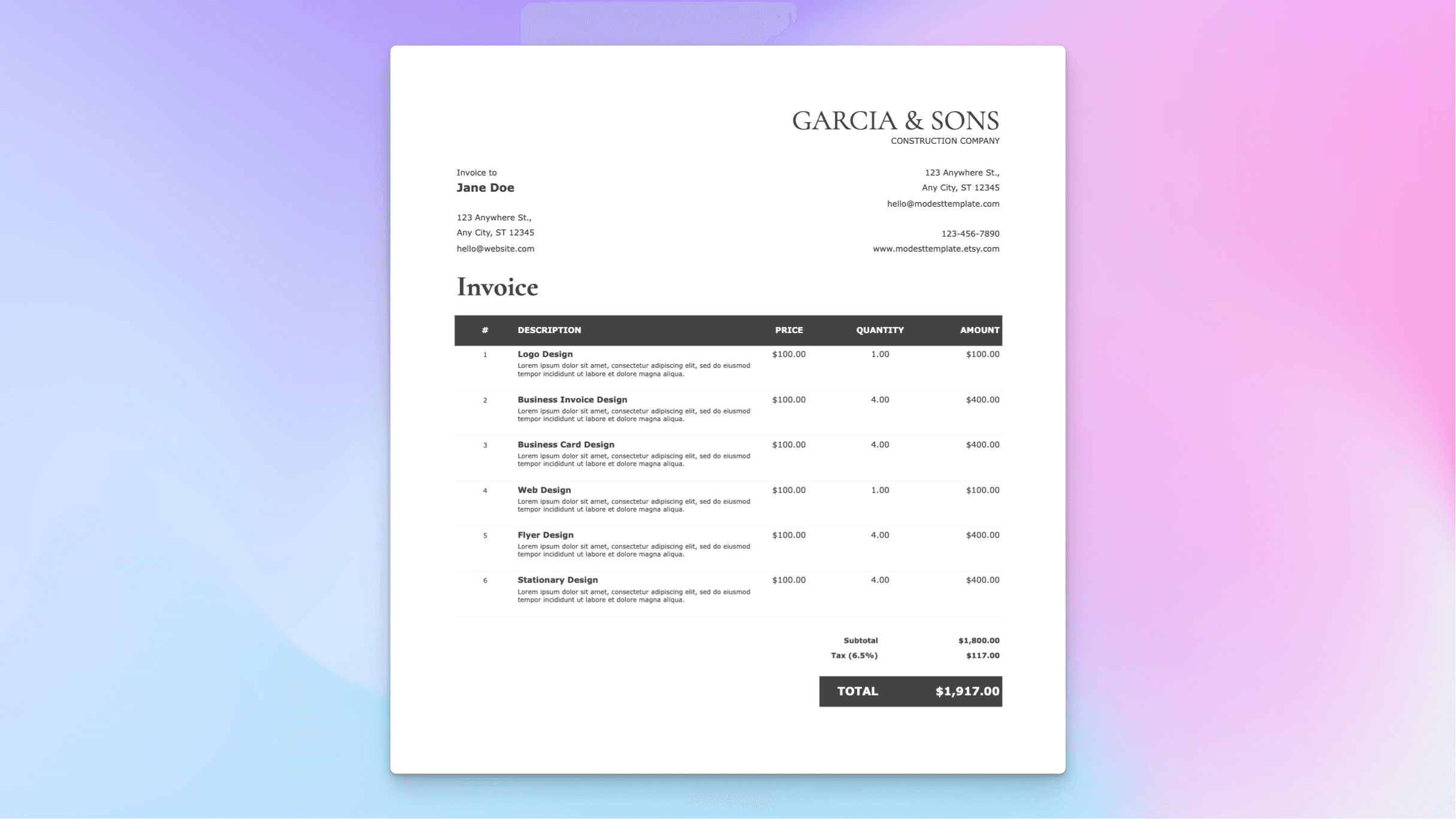 Invoice spreadsheet template with line items, payment terms, and automatically calculated totals.