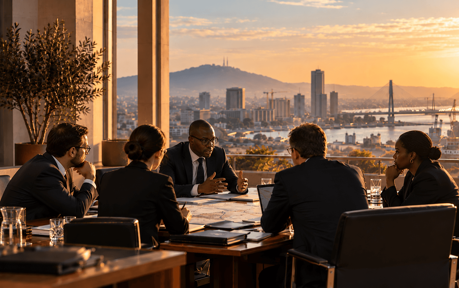 Illustrative strategic meeting involving public and private stakeholders in an international business environment.