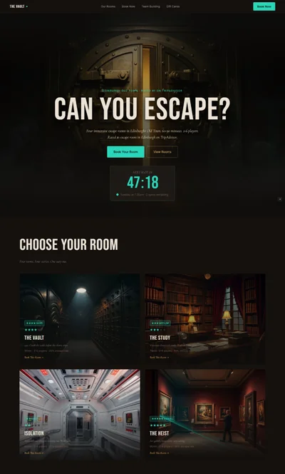 Dark near-black and teal escape room website with Bebas Neue headline and countdown timer