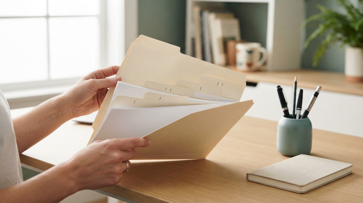 Hands organizing professional folders in an office setting